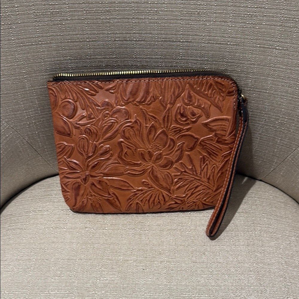 Embossed Brown Leather Wristlet